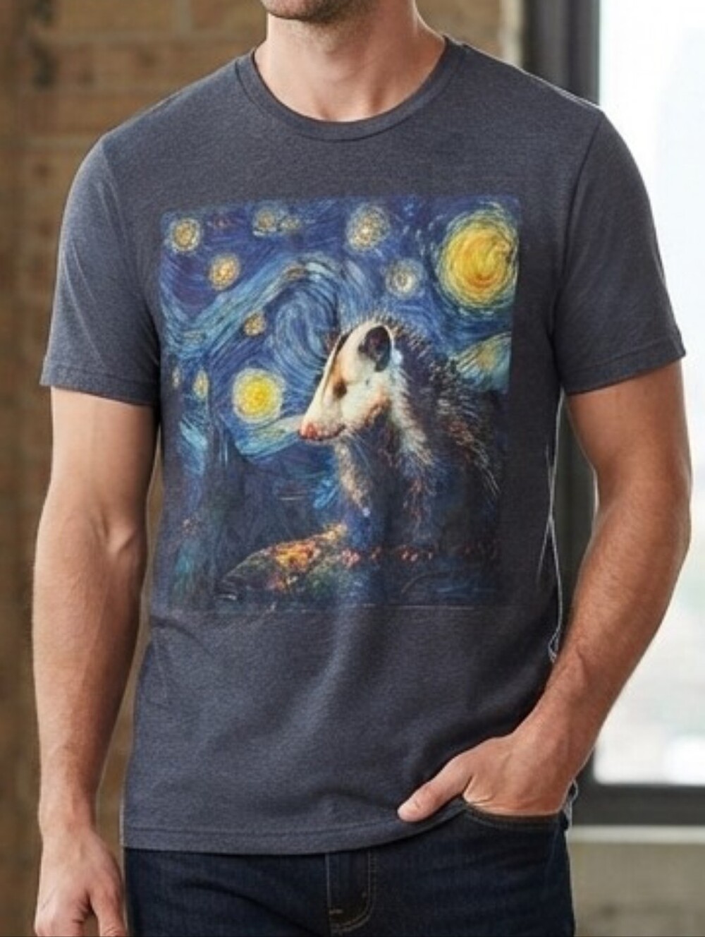 Starry Night Opossum Graphic T-Shirt Van Gogh Meme Art Tee Medium Retro Casual